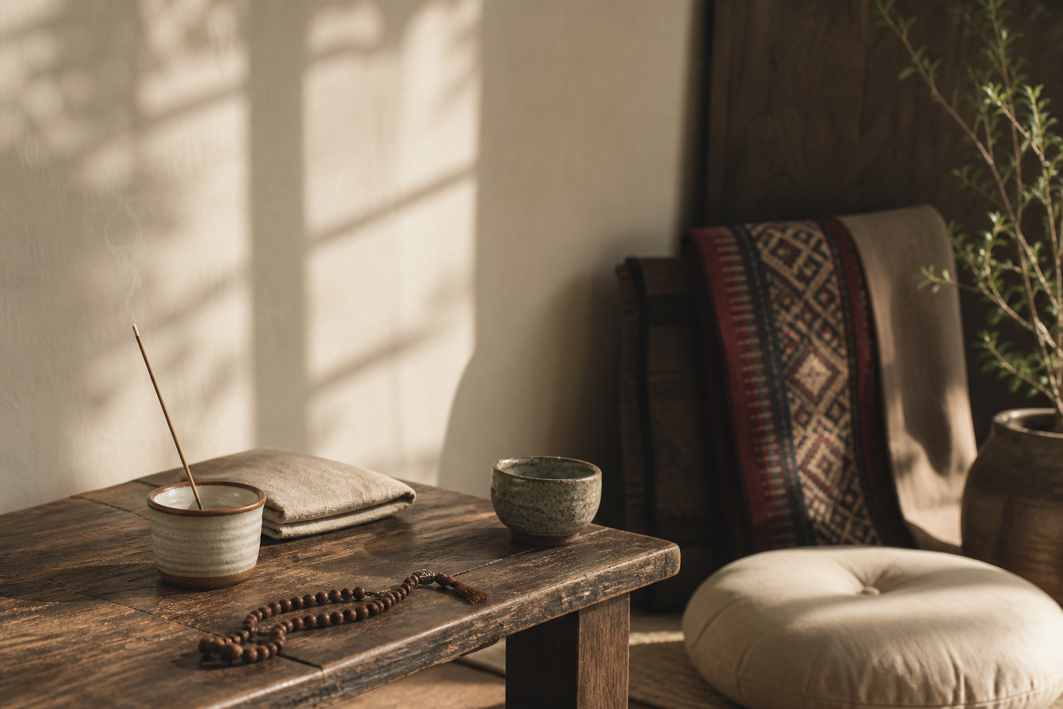 A calm home corner with incense, natural textiles, and quiet morning light