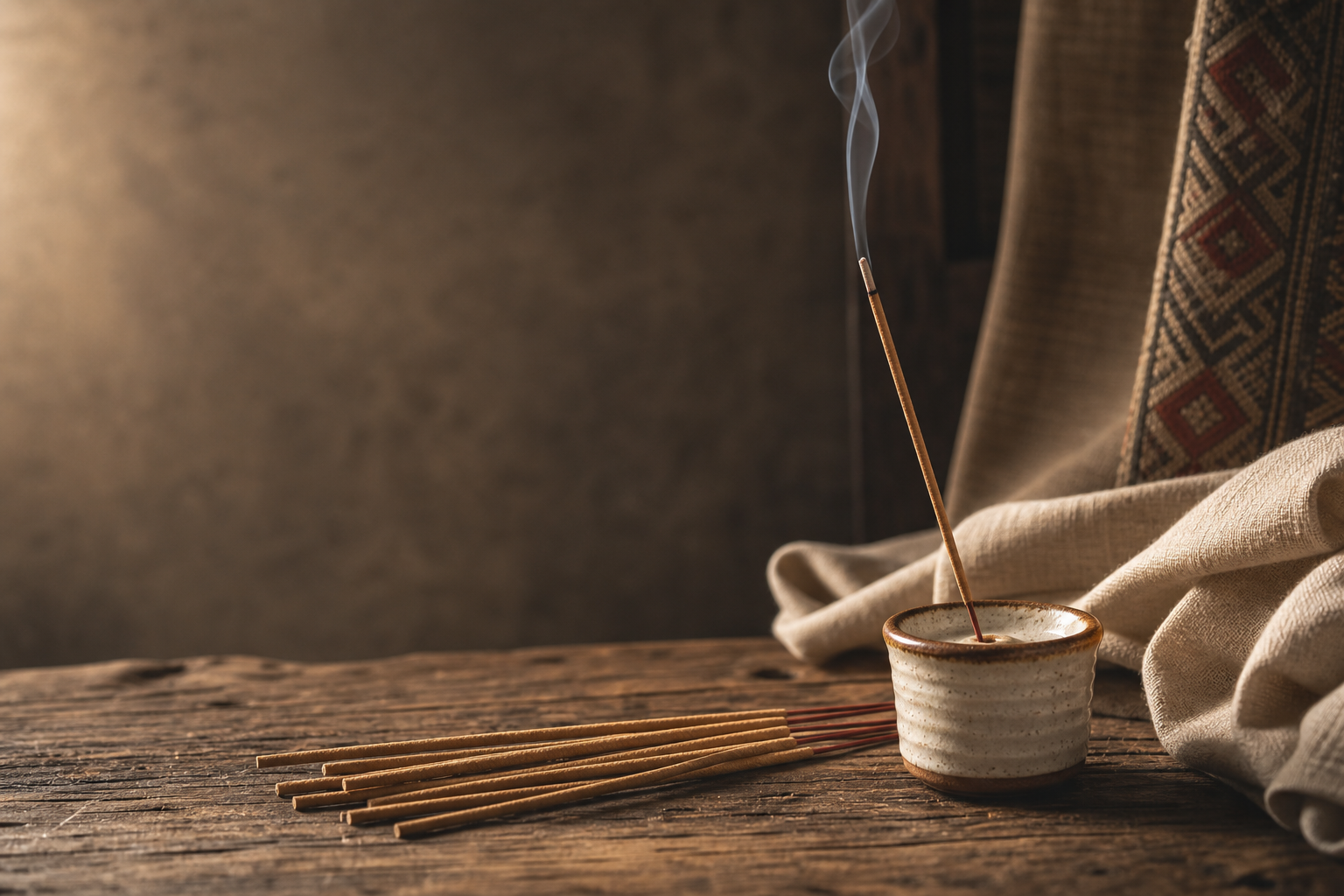 Tibetan-style incense arranged on aged wood with a ceramic holder