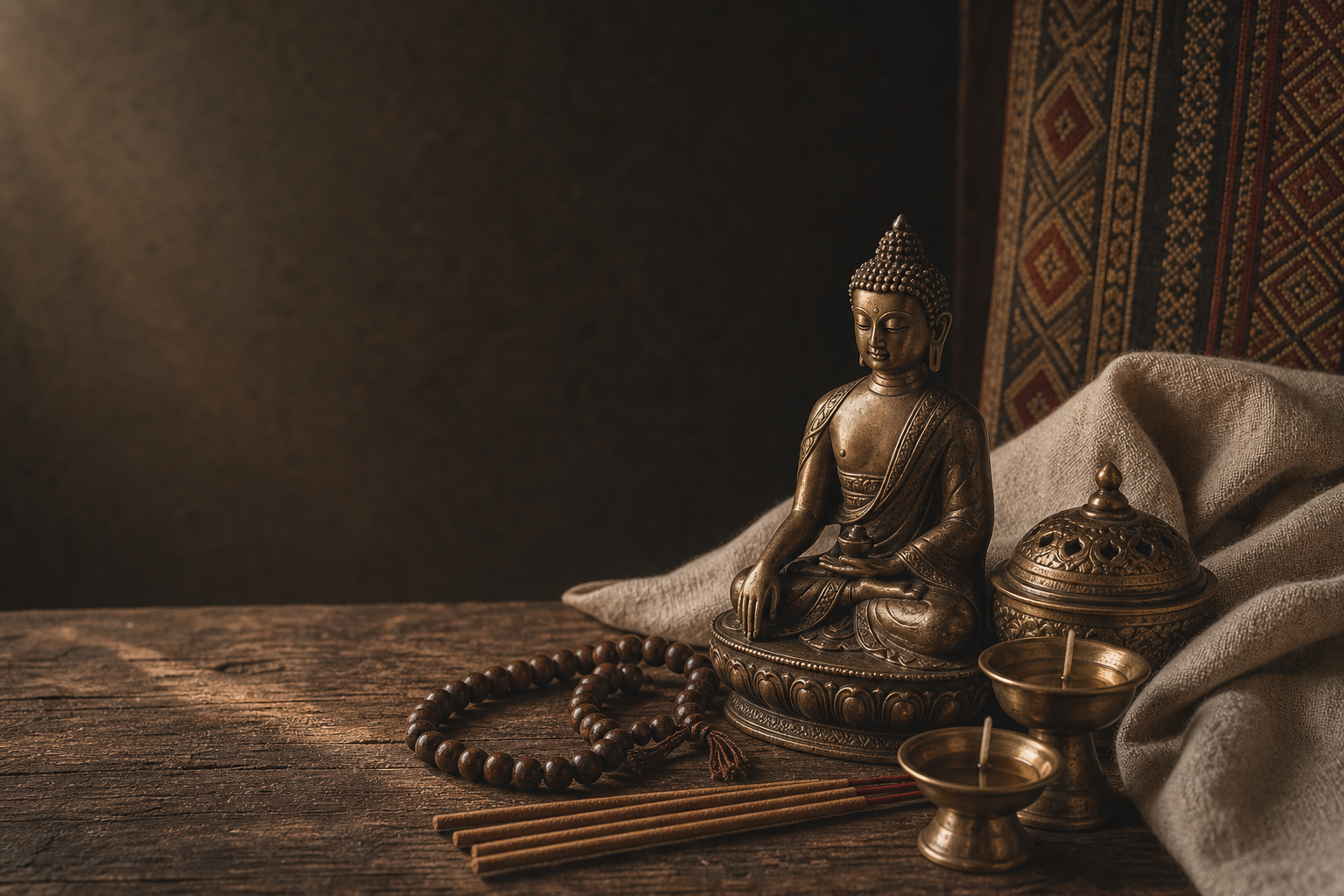 A Buddhist statue, mala beads, offering lamps, and incense arranged on aged wood