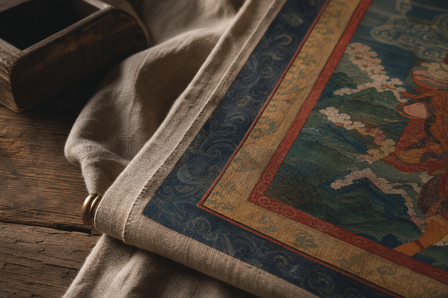 A close detail of thangka-inspired sacred art on linen